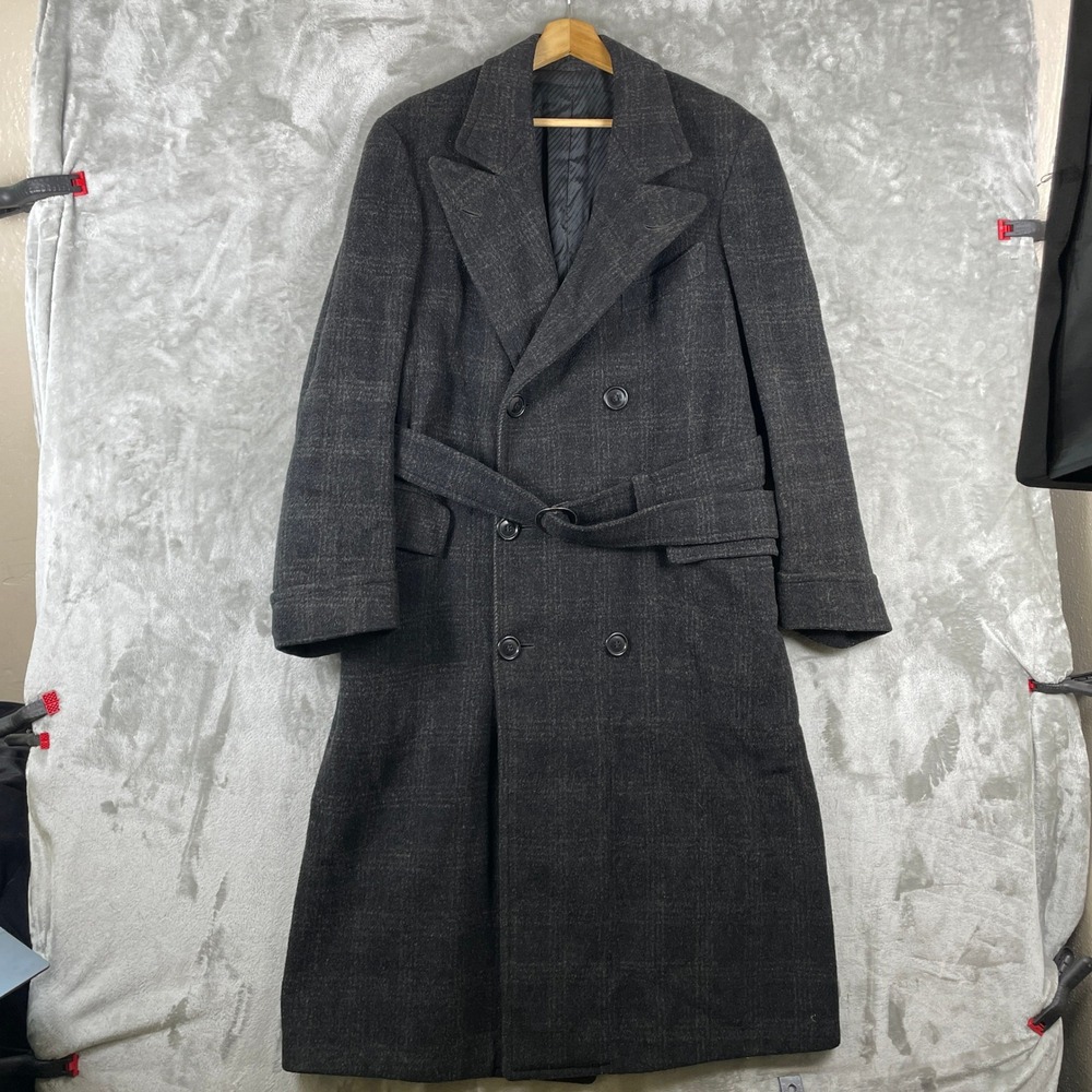 Vintage 1940s Overcoat Mens Large Black Plaid Double Breasted Belted Trench Coat